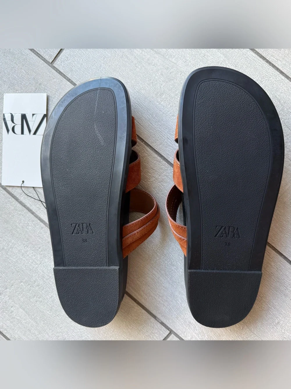 Zara Sandals Women US 7.5 Brown Leather Buckle Slide Flat Minimalist Strappy NWT - Picture 10 of 11